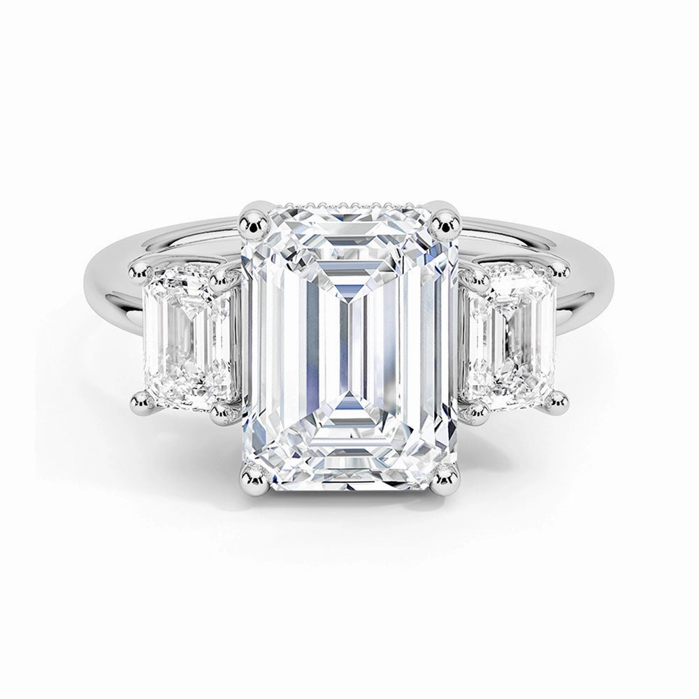 Hidden Halo Emerald Cut Three Stone Moissanite Engagement Ring Simple Luxe Modern Shine