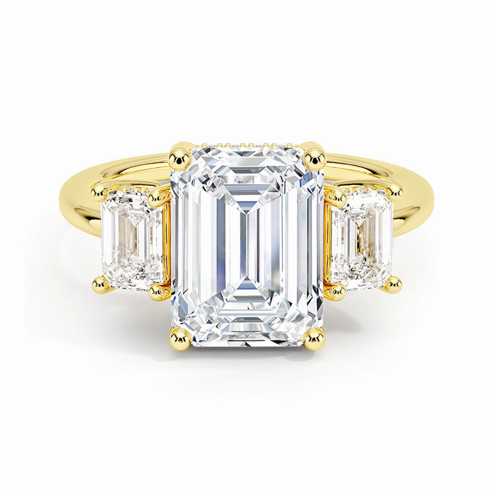 Office Ready Hidden Halo Emerald Cut Three Stone Moissanite Engagement Ring