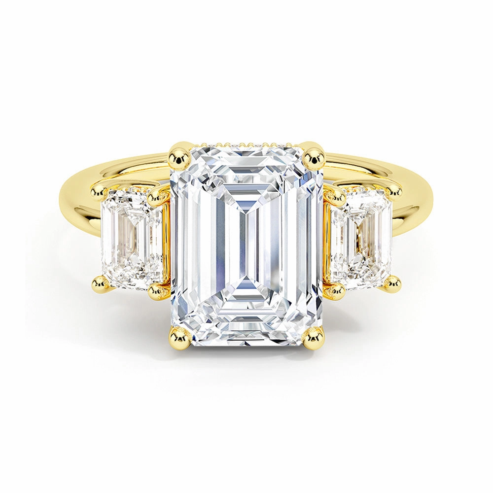 Cozy Glam Hidden Halo Emerald Cut Three Stone Moissanite Engagement Ring