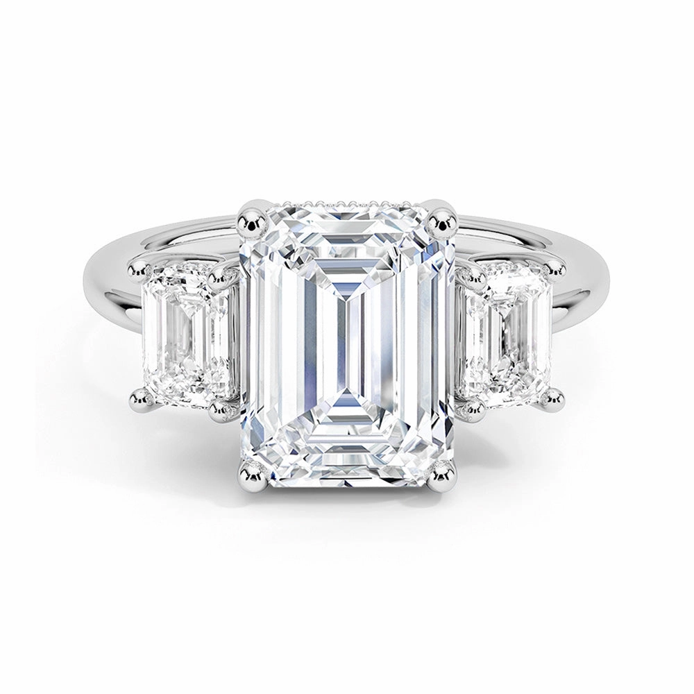 Hidden Halo Emerald Cut Three Stone Moissanite Engagement Ring Fashion Jewelry