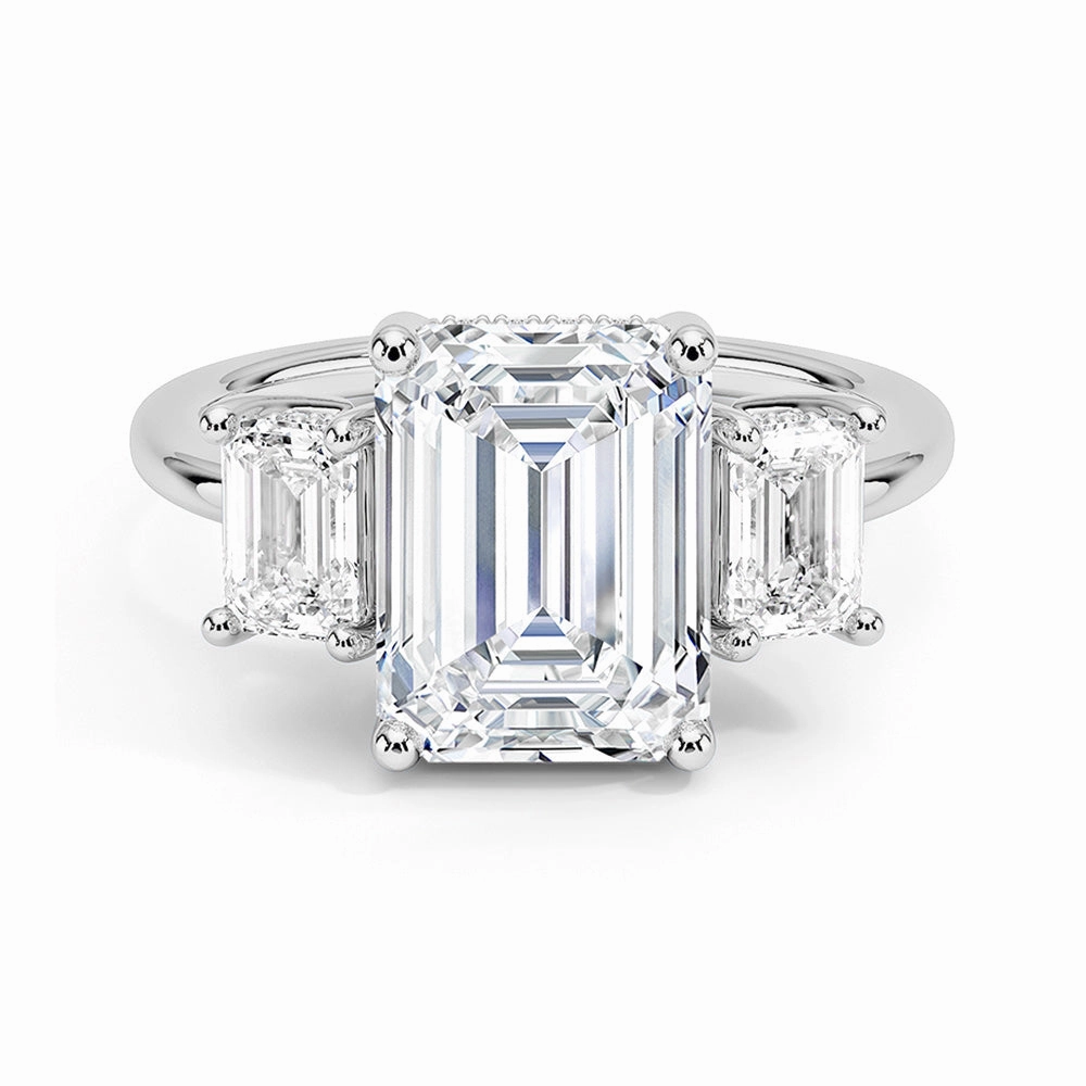 Hidden Halo Emerald Cut Three Stone Moissanite Engagement Ring Festive Outfit