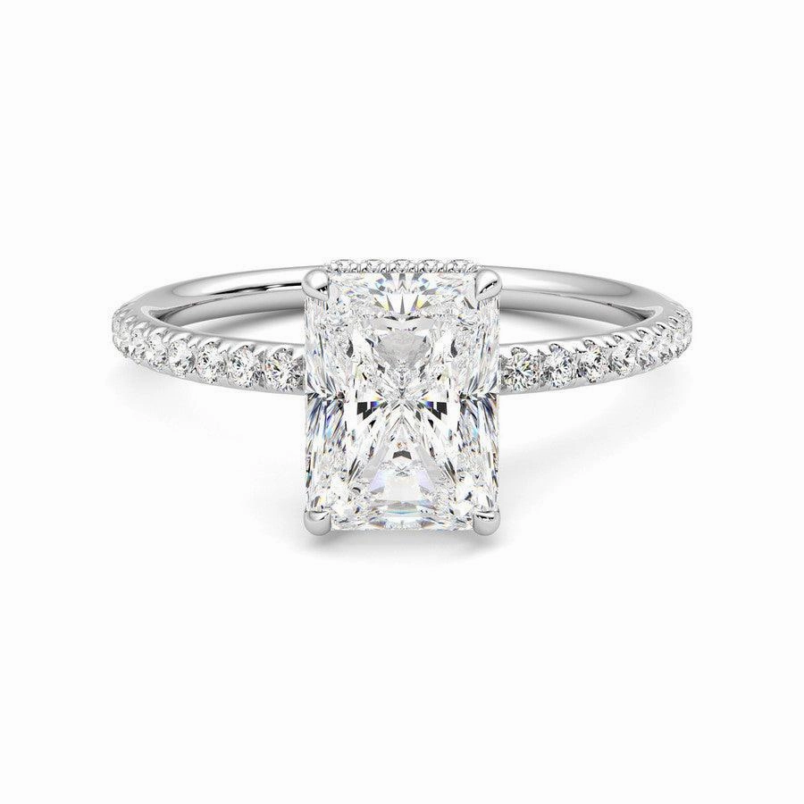 Radiant Cut Moissanite Engagement Ring with Hidden Halo and Anniversary Stone Accent Everyday Chic Glam Night Look