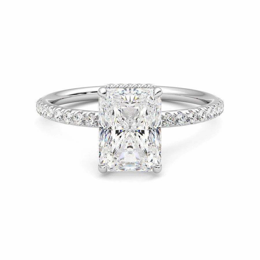 Daytime Style Weekend Piece Radiant Cut Moissanite Engagement Ring with Hidden Halo and Anniversary Stone Accent