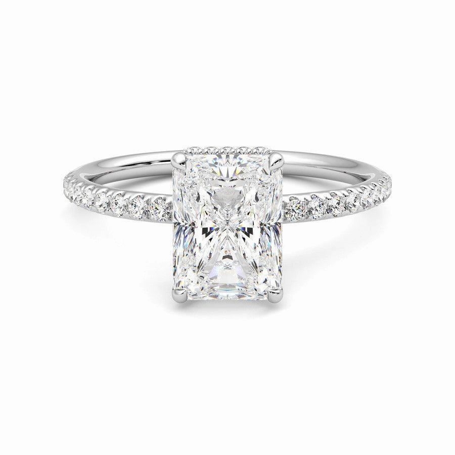 Radiant Cut Moissanite Engagement Ring with Hidden Halo and Anniversary Stone Accent Trendy Appeal
