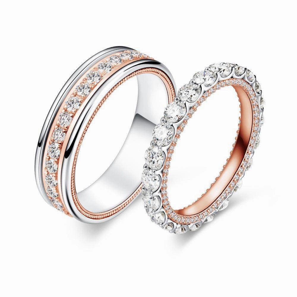 Timeless Finish Two Tone Round Moissanite Eternity Couple's Ring Set