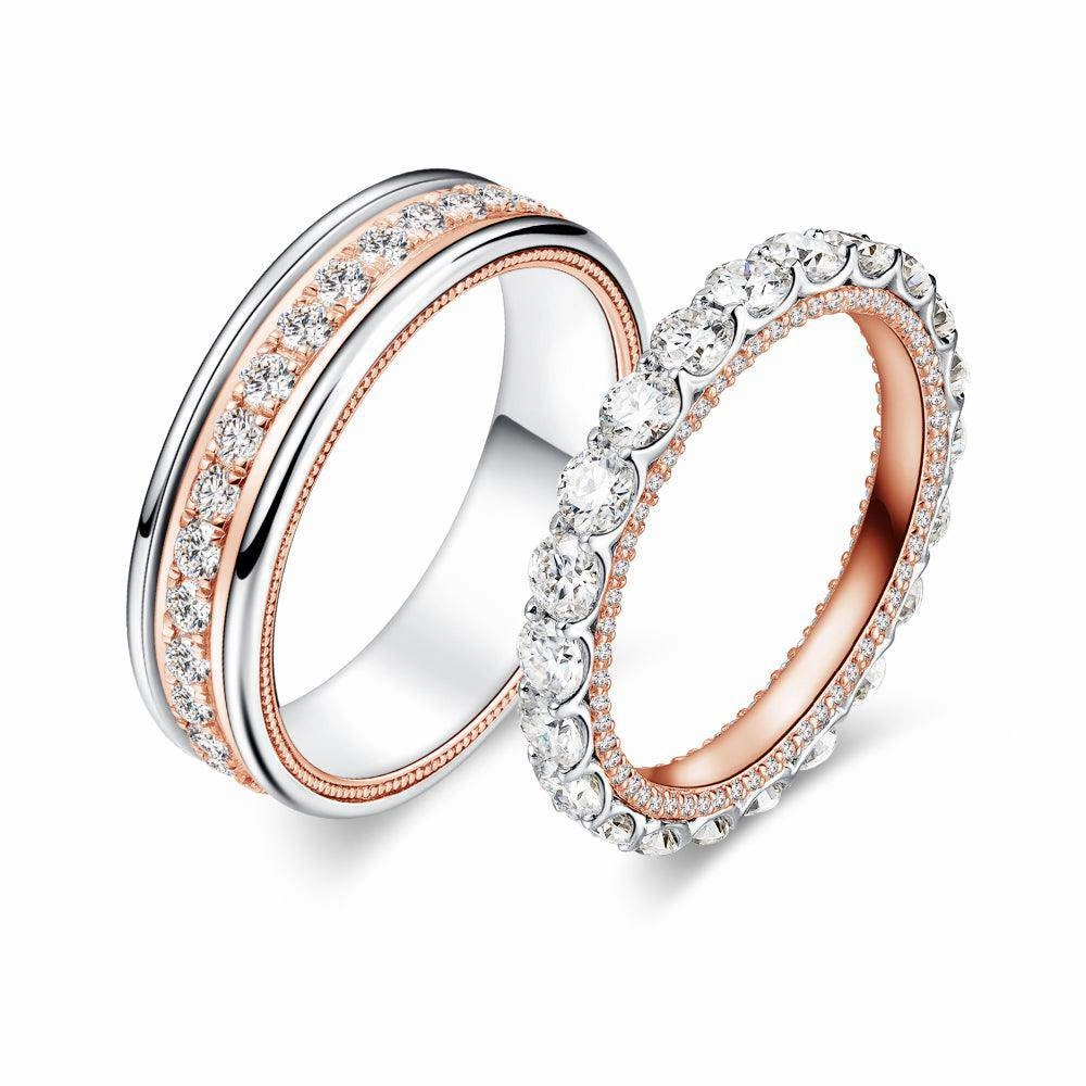 Two Tone Round Moissanite Eternity Couple's Ring Set Vibrant Touch Pieces Fashionable Design