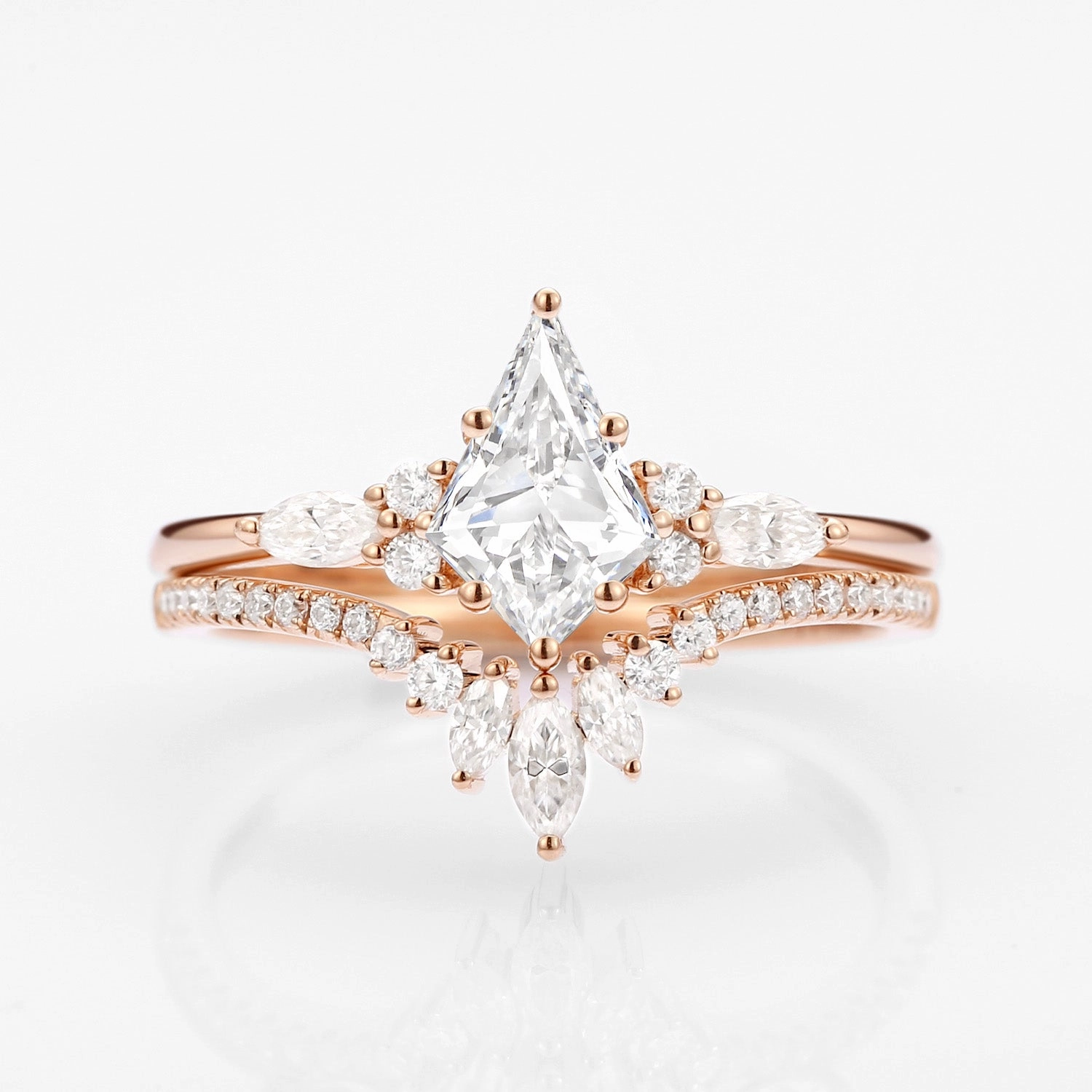 Graceful Lines Bold Look Unique Kite Cut Lab Grown Diamond Ring Set 2pcs - Rebecca