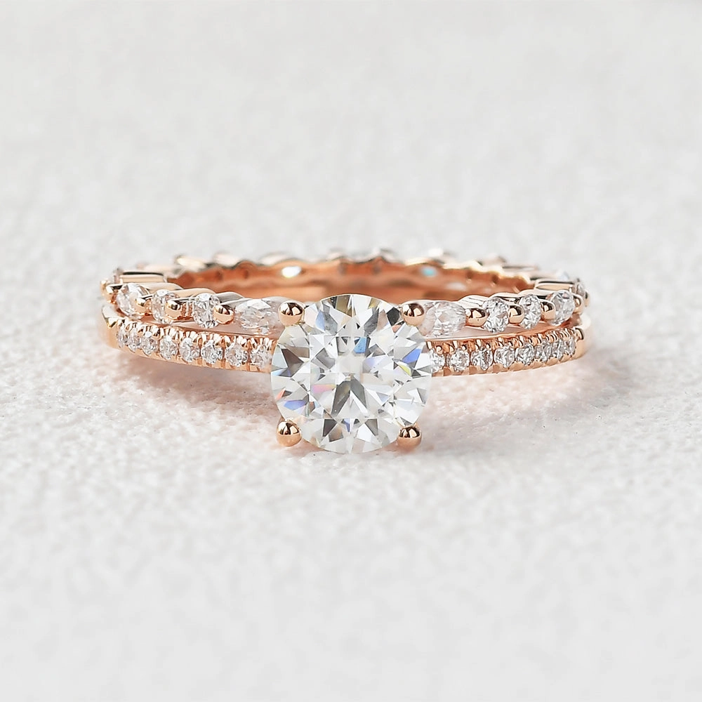 Round Cut 4 Prongs Moissanite Engagement Ring Set 2pcs Vibrant Style Classic Sparkle