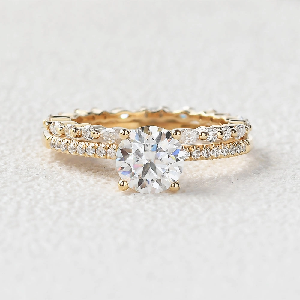 Round Cut 4 Prongs Moissanite Engagement Ring Set 2pcs Office Accent Luxury Shine Finish