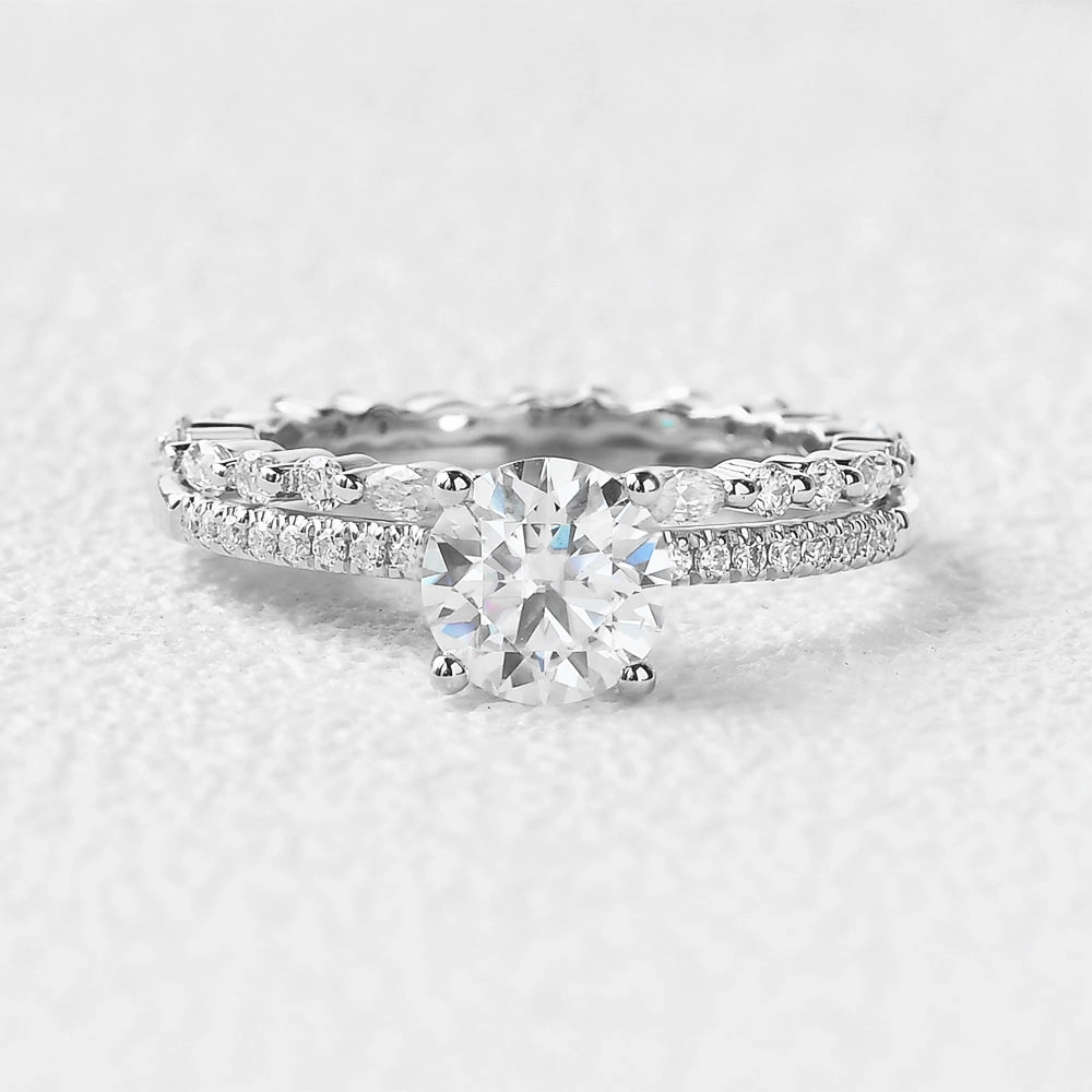 Party Ready Trendy Charm Round Cut 4 Prongs Moissanite Engagement Ring Set 2pcs