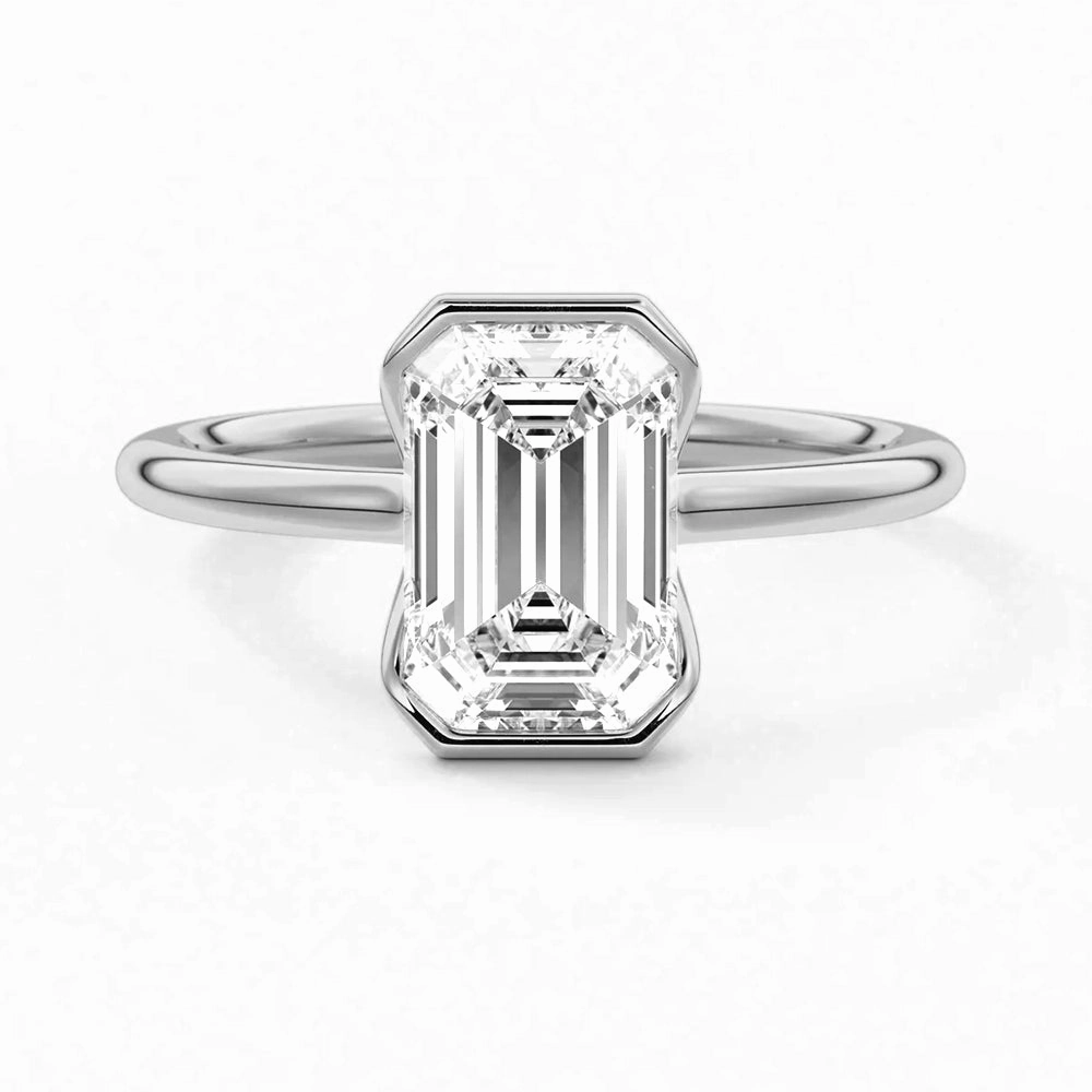 Half Bezel Moissanite Emerald Cut Engagement Ring Delicate Finish Daytime Shine