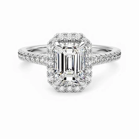 Luxury Set Emerald Cut Halo Moissanite Engagement Ring with Hidden Anniversary Stone Accent