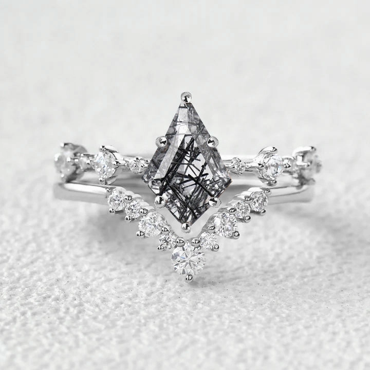 Cluster Black Rutilated Quartz Engagement Ring Sets 2pcs Stylish Accent