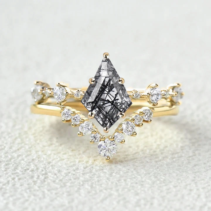 Shine And Style Cluster Black Rutilated Quartz Engagement Ring Sets 2pcs