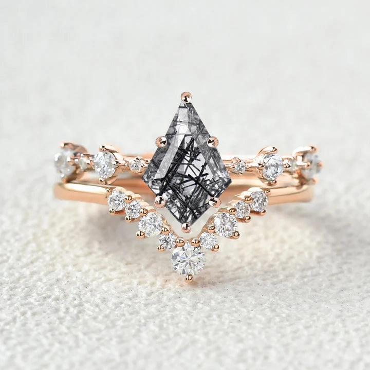 Cluster Black Rutilated Quartz Engagement Ring Sets 2pcs Chic Ensemble