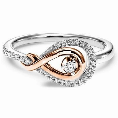 Cluster Diamond Infinity Knot Ring Sterling Silver with 10K Rose Gold Close Up