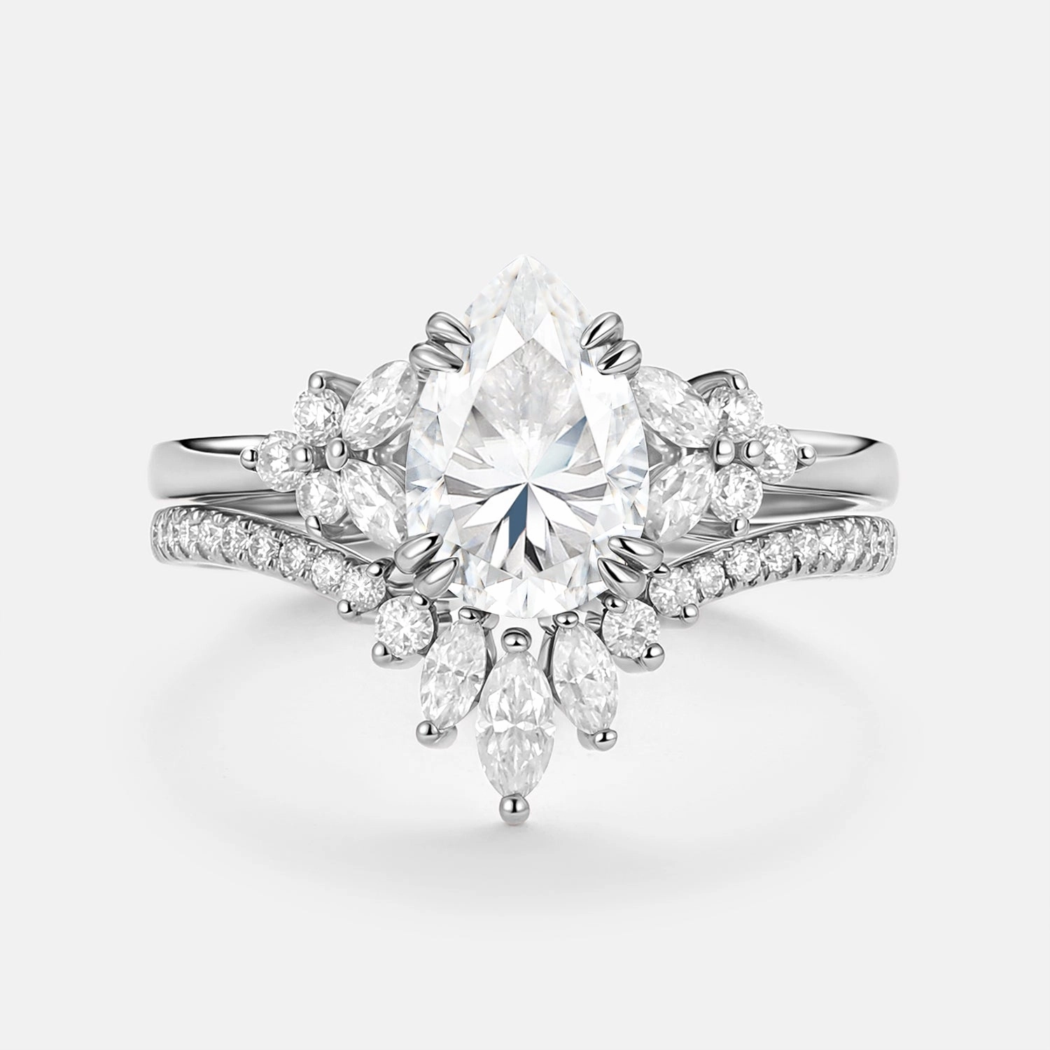 Modern Accessories Lush Touch Cluster Pear Shaped Moissanite Chevron Gold Ring Set 2pcs - Della