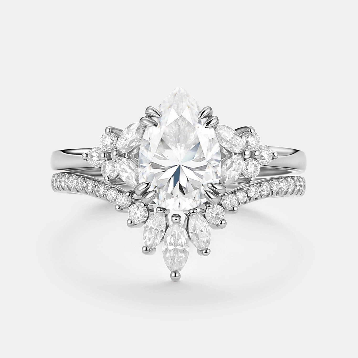 Cluster Pear Shaped Moissanite Chevron Gold Ring Set 2pcs - Della Festive Outfit Unique Element