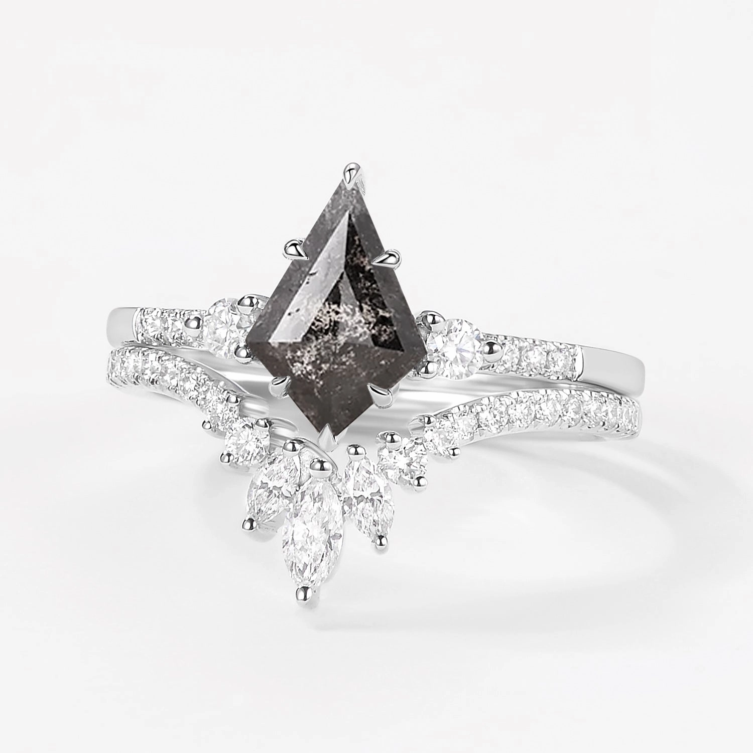 Premium Piece Clustered Elegance Salt and Pepper Diamonds Engagement Ring Sets 2pcs