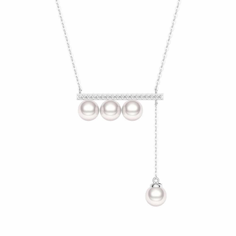 Crisp Finish 6mm Freshwater Cultured Pearl Balance Beam Necklace with Moissanite Pav??