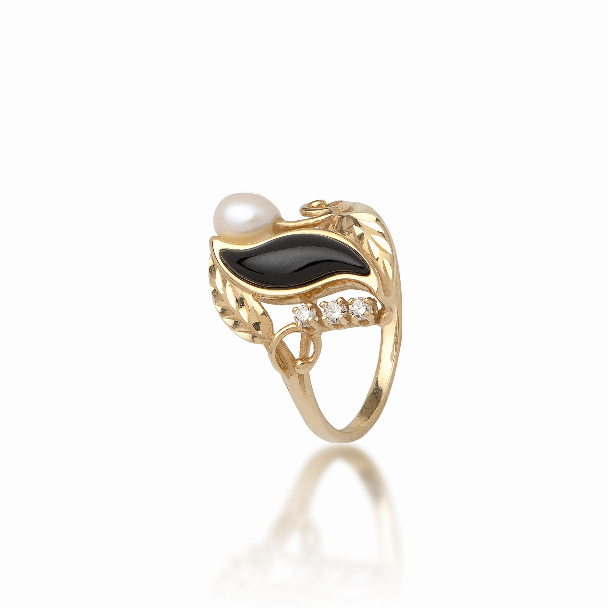 High Class Special Accent Paradise Black Coral & Pearl Ring in Gold with Diamonds - 21mm