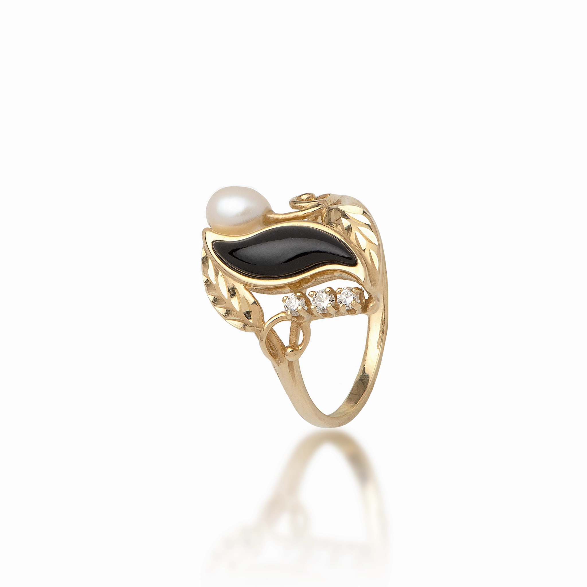 Paradise Black Coral & Pearl Ring in Gold with Diamonds - 21mm Heirloom Feel