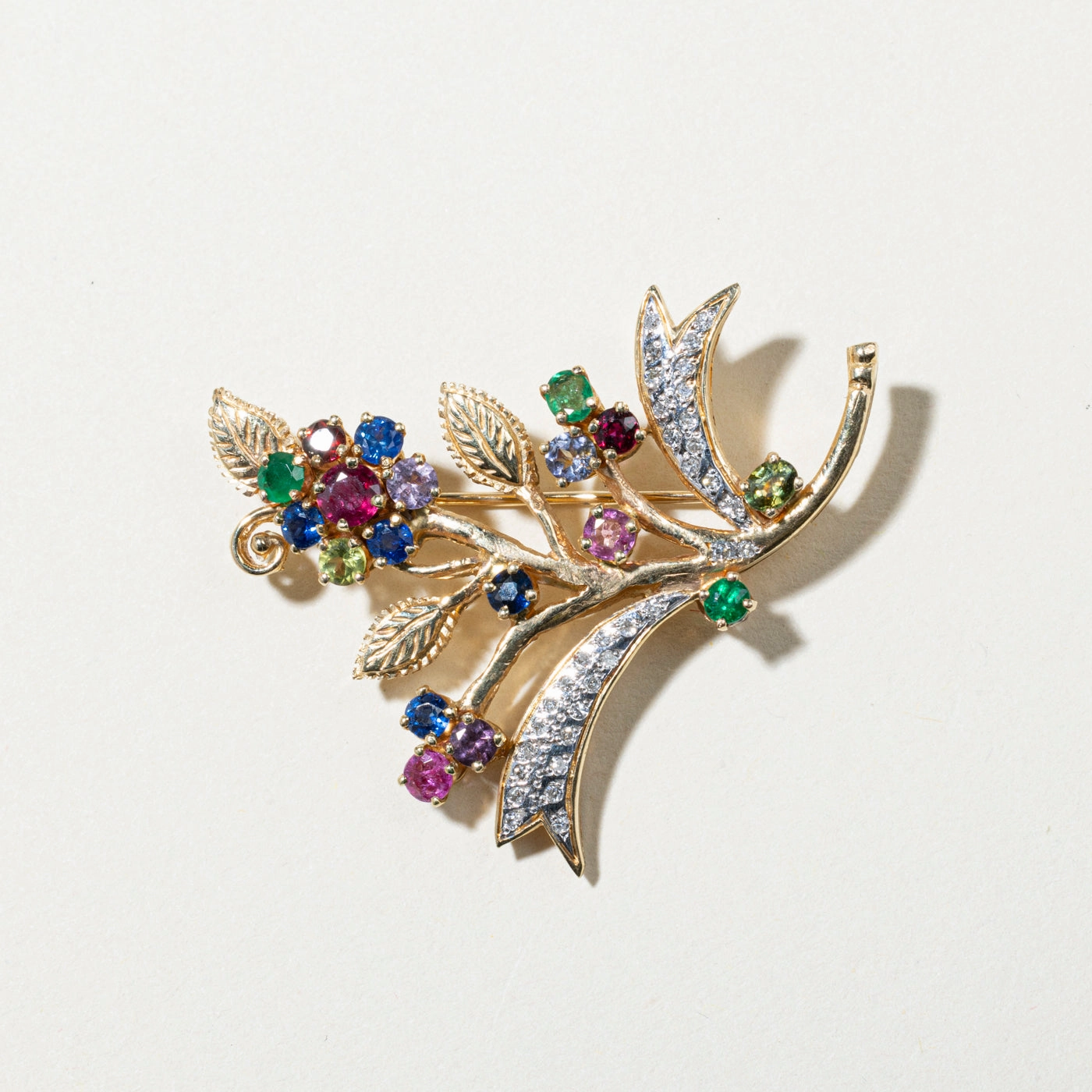 Coloured Gemstone & Diamond Floral Brooch | 2.22ctw, 0.25ctw | Golden Light