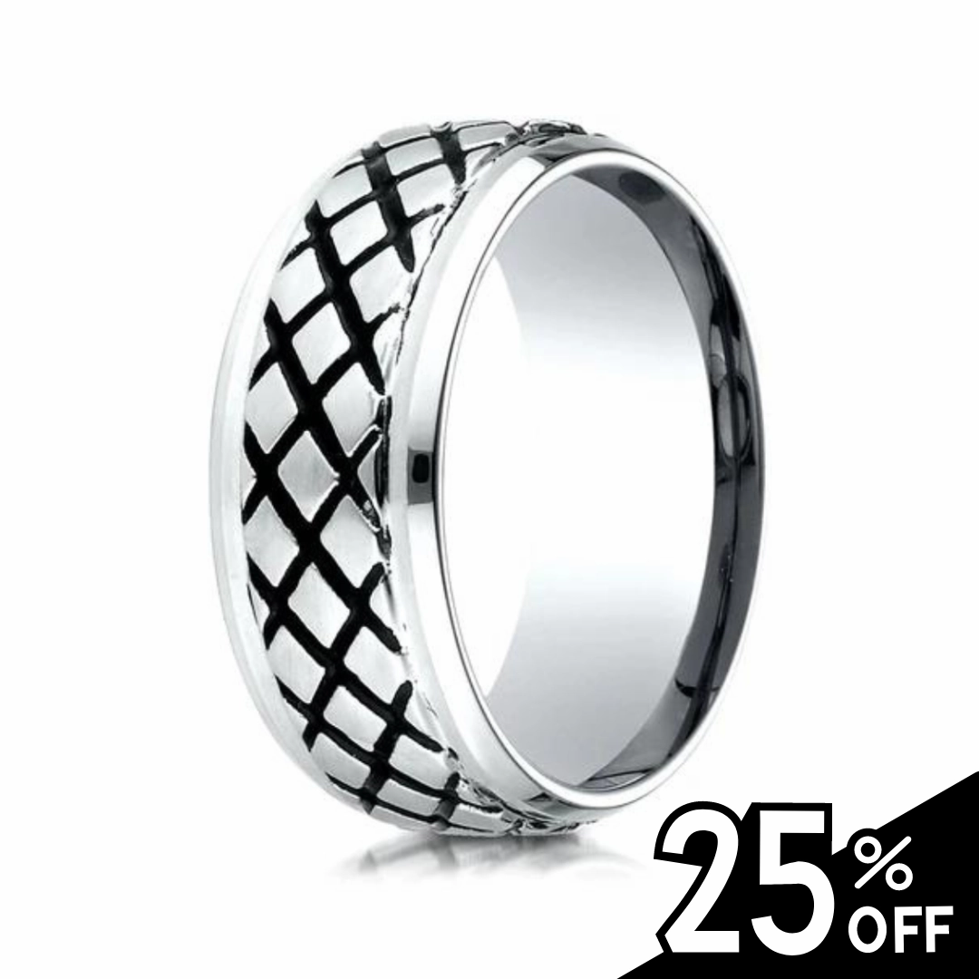 Comfort-Fit Cobalt Cross-Hatched Blackened Wedding Band Stylish Shape