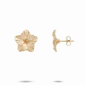 Vivid Charm Luxury Finish Shine Hawaiian Gardens Hibiscus Earrings in Gold with Diamonds - 14mm