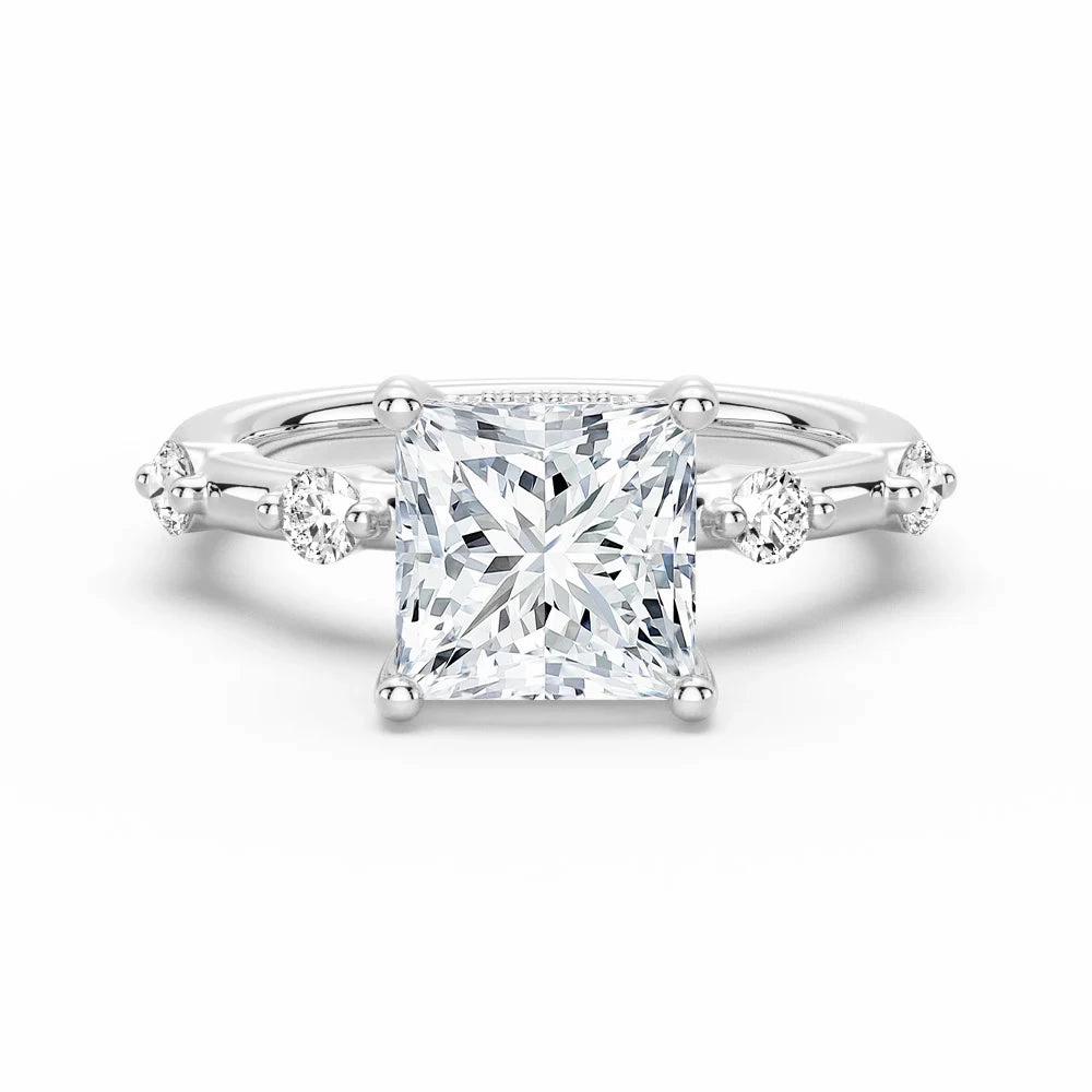 Princess Cut Moissanite Ring with Diamond Spaced Band and Hidden Halo Soft Contrast