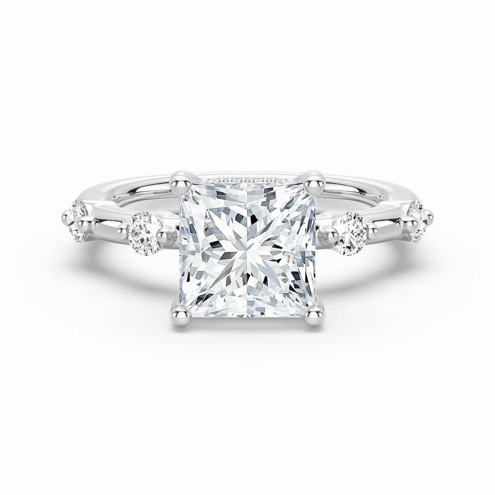 Princess Cut Moissanite Ring with Diamond Spaced Band and Hidden Halo Cool Chic