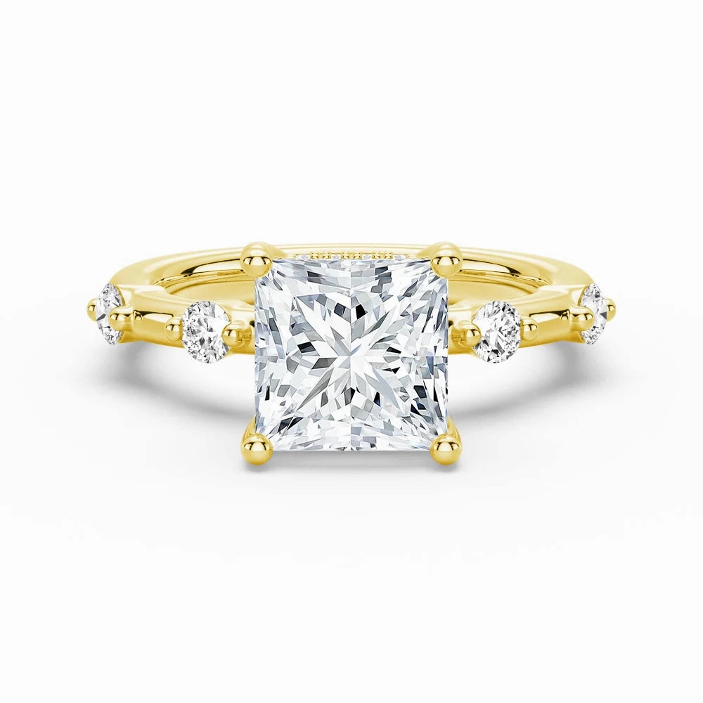 Princess Cut Moissanite Ring with Diamond Spaced Band and Hidden Halo Statement Piece Studio Shot