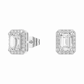 4.14 ctw Emerald Cut Moissanite Halo Stud Earrings Contemporary Feel Balanced Design