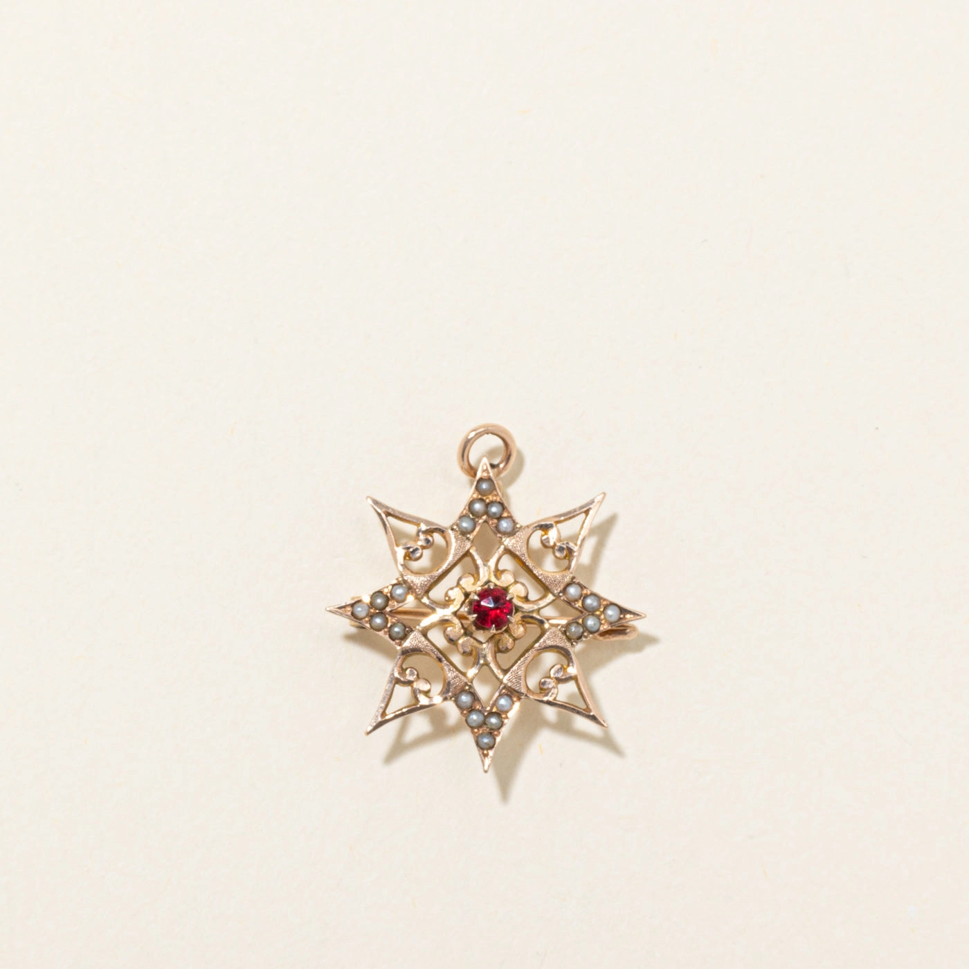 Red Glass & Seed Pearl Sunburst Convertible Pendant Brooch | 0.15ct Sparkle Pop Vivid Edge