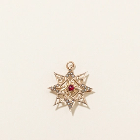 Red Glass & Seed Pearl Sunburst Convertible Pendant Brooch | 0.15ct Sparkle Pop Vivid Edge