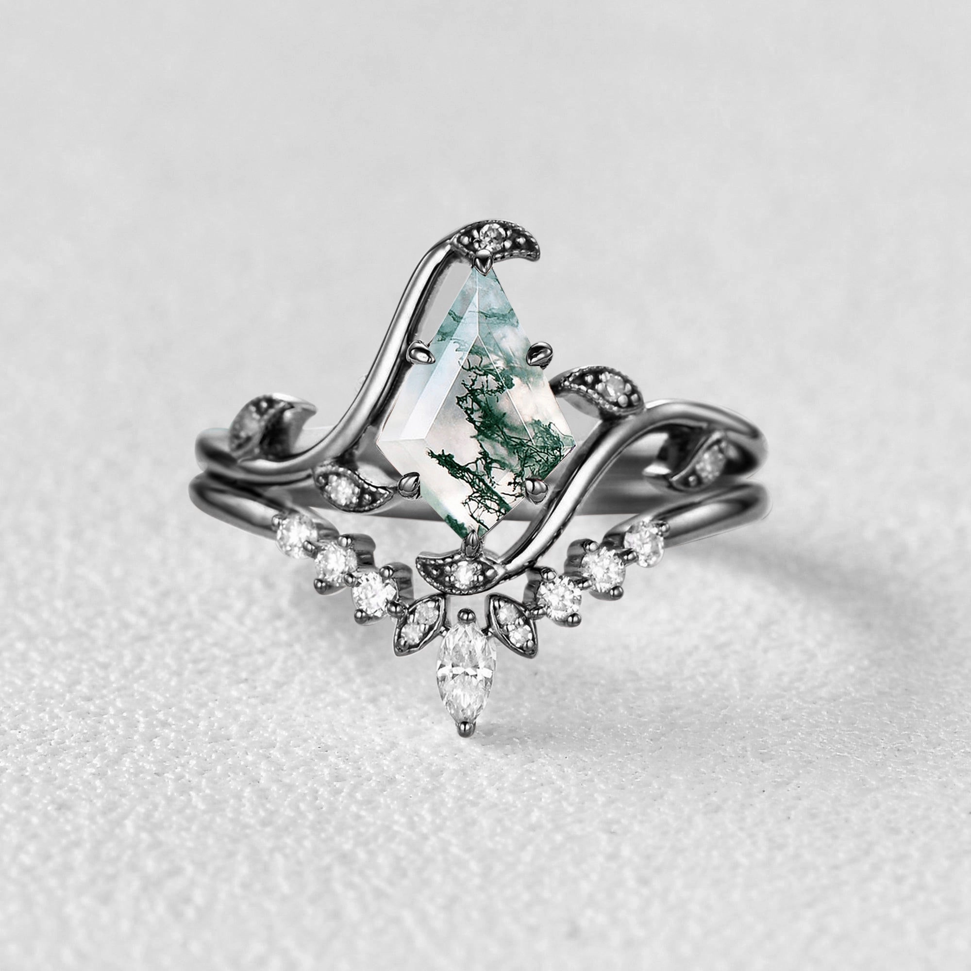 Warm Gift Black Gold Kite Cut Moss Agate Leafy Engagement Ring Sets 2pcs - Ivy