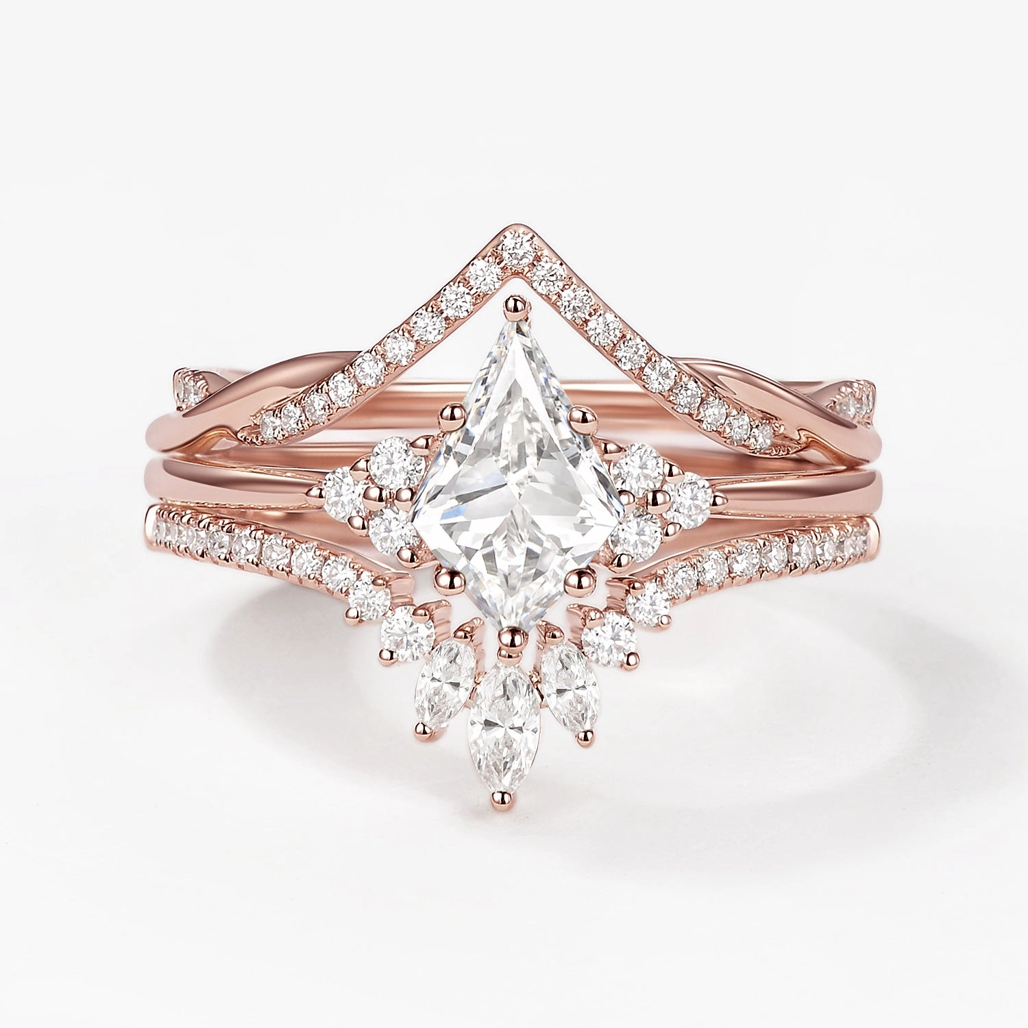 Layered Edge Distinctive Finish Kite Lab Grown Diamond Engagement Ring Set 3pcs - Trigon