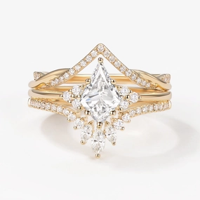 Unique Detail Accent Piece Kite Lab Grown Diamond Engagement Ring Set 3pcs - Trigon