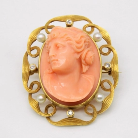 Coral Cameo with Pearls & Diamonds Brooch/Pendant | 30.00ct, 0.09ctw | Distinctive Detail Trendy Appeal