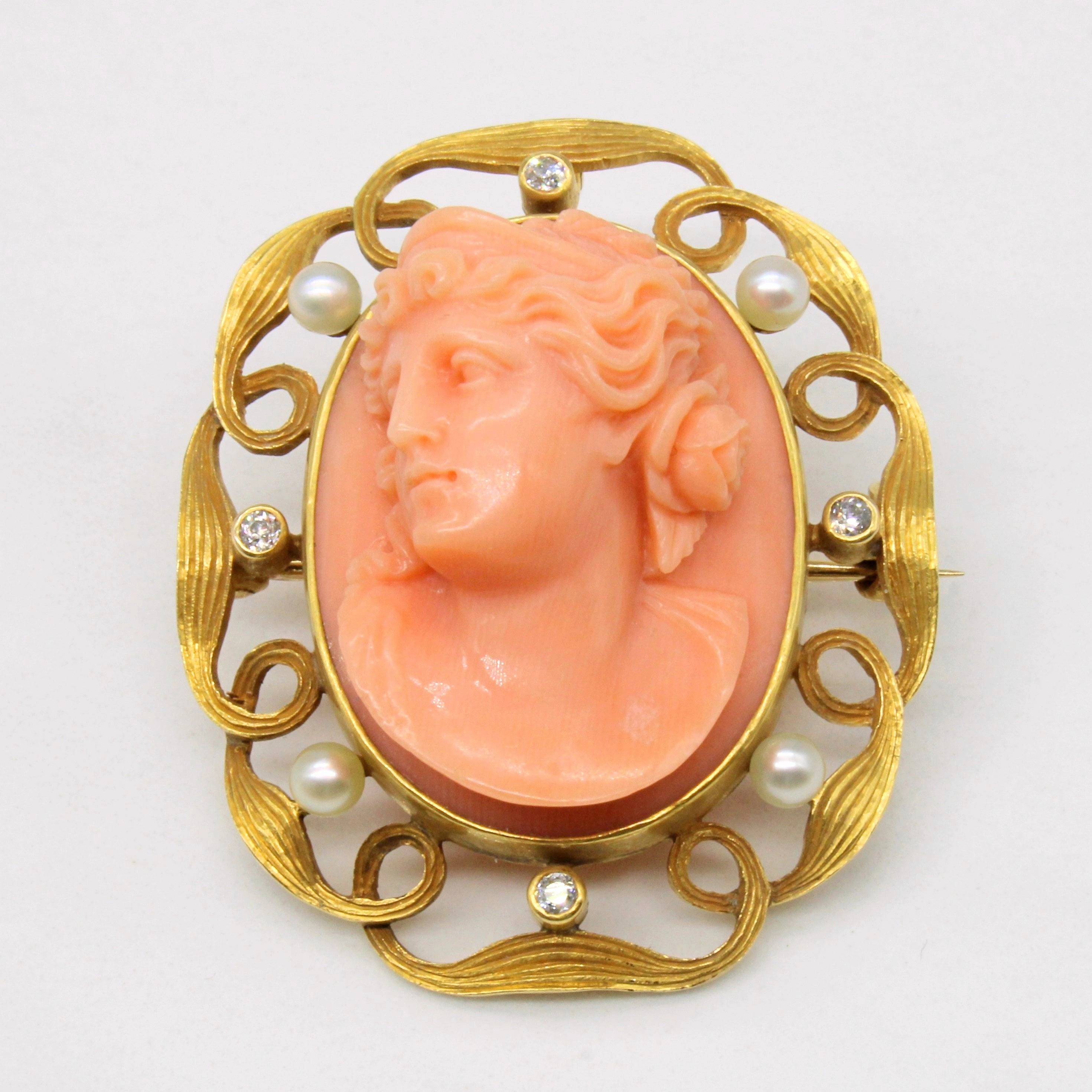 Coral Cameo with Pearls & Diamonds Brooch/Pendant | 30.00ct, 0.09ctw | Distinctive Detail Trendy Appeal