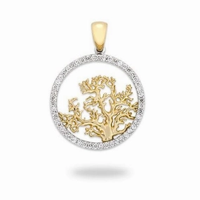 Coral Tree Pendant with Diamonds in Two Tone Gold - 24mm Sleek Texture Lustrous Look
