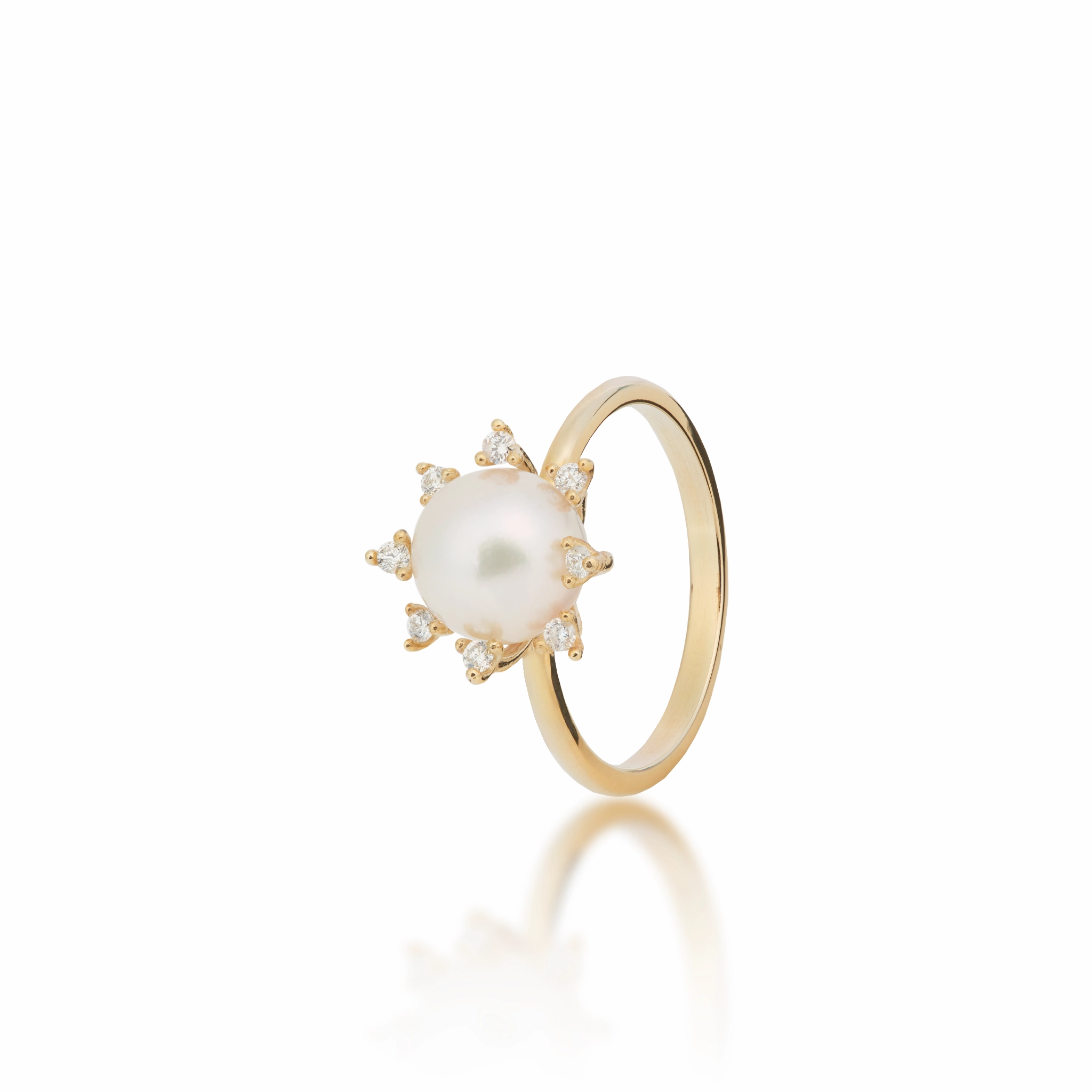 Occasion Style Protea Akoya White Pearl Ring in Gold with Diamonds - 8mm