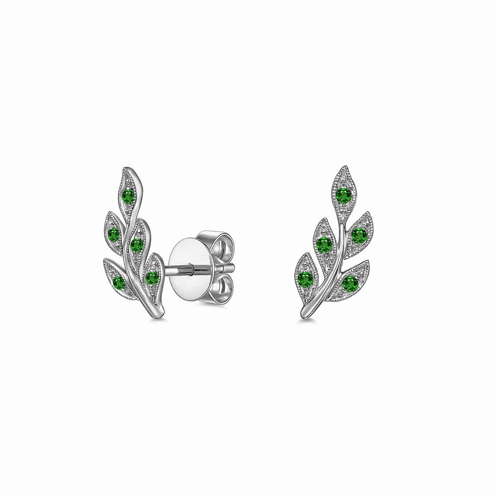 Exquisite Shine Finish Couture Botanical Foliage Lab Grown Emerald Stud Earrings