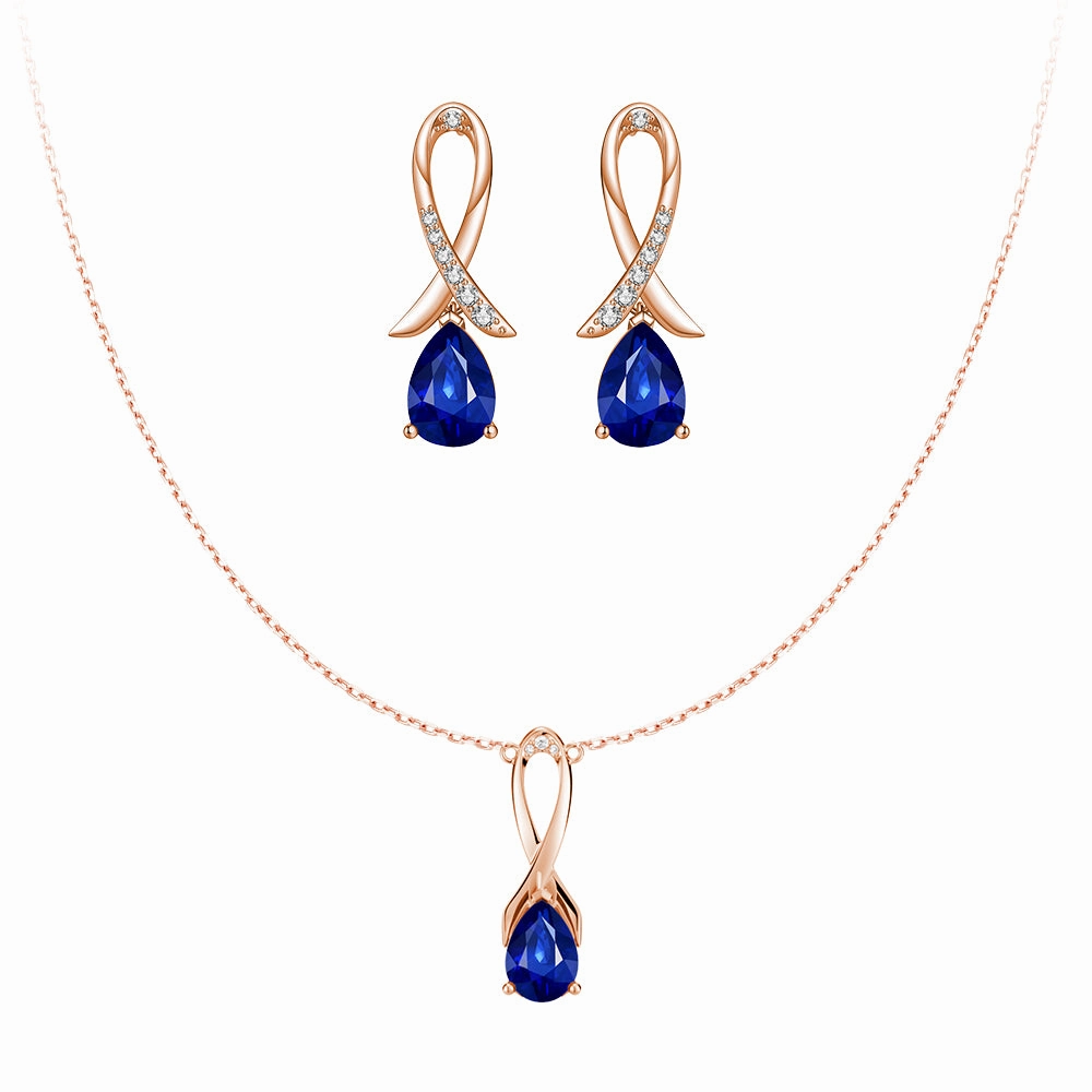 Impeccable Accent "Blue For Pink" Sapphire Necklace And Earrings Set With Ribbon