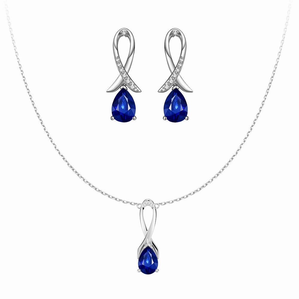 "Blue For Pink" Sapphire Necklace And Earrings Set With Ribbon Light Fit