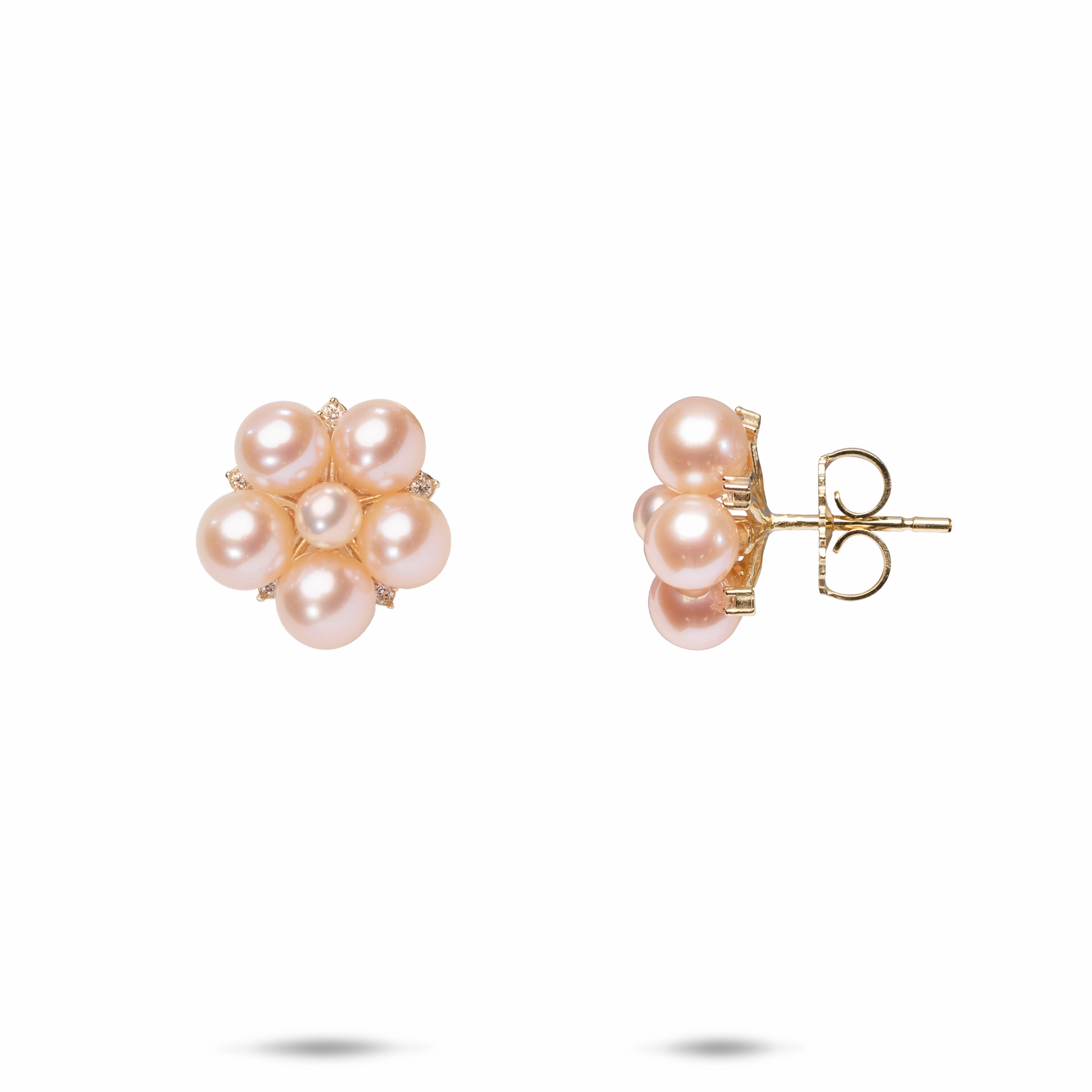 Valentine Gift Tiny Bubbles Peach Freshwater Pearl Earrings in Gold with Diamonds