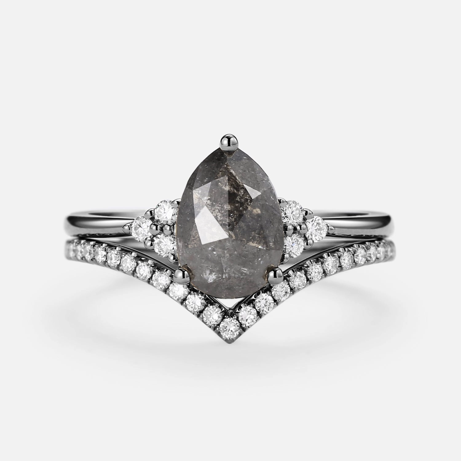 Unique Salt and Pepper Diamonds Pear Cut Engagement Ring Sets 2pcs Shine In Light Shiny Craft