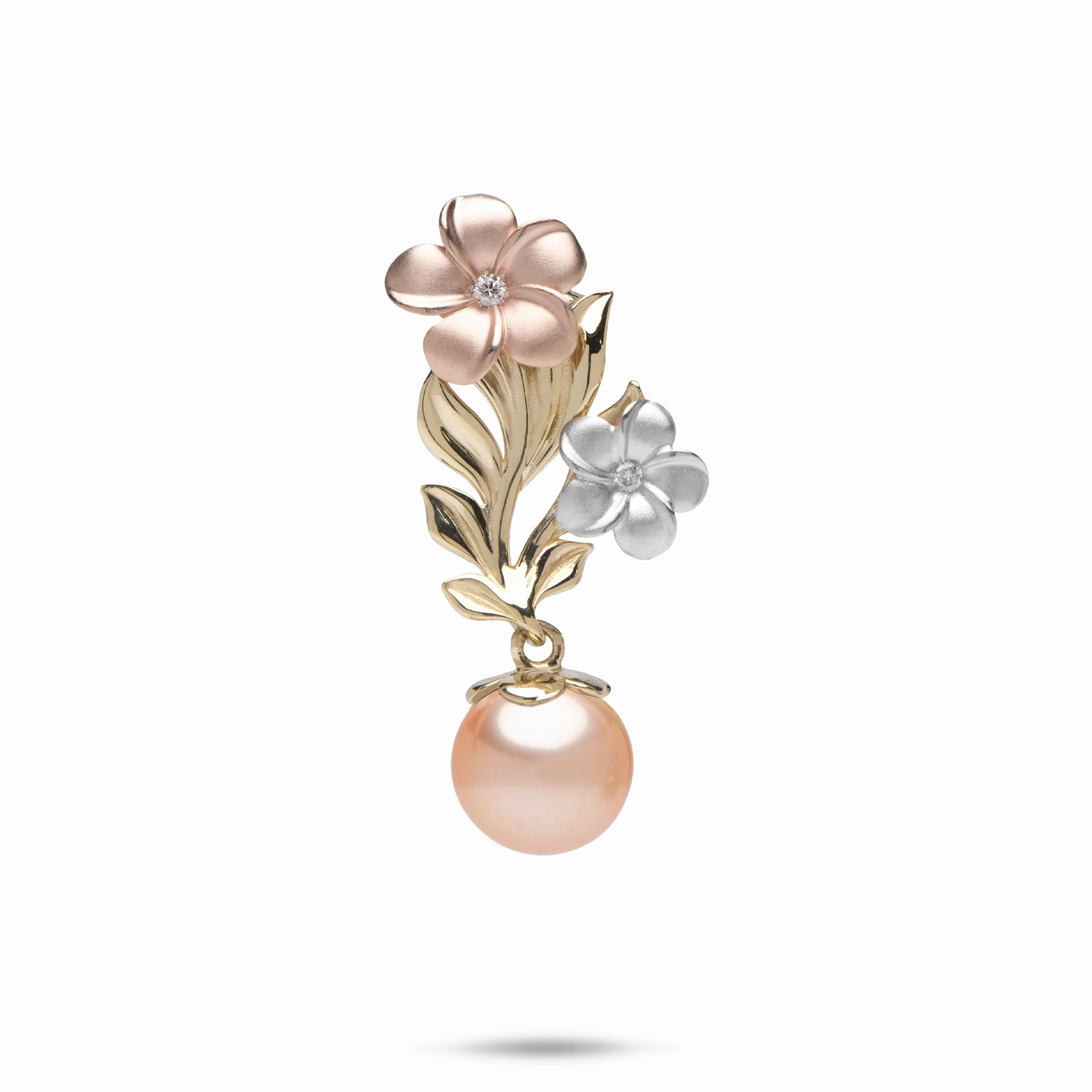 Fresh Finish Pearls in Bloom Plumeria Peach Freshwater Pearl Pendant in Tri Color Gold with Diamonds