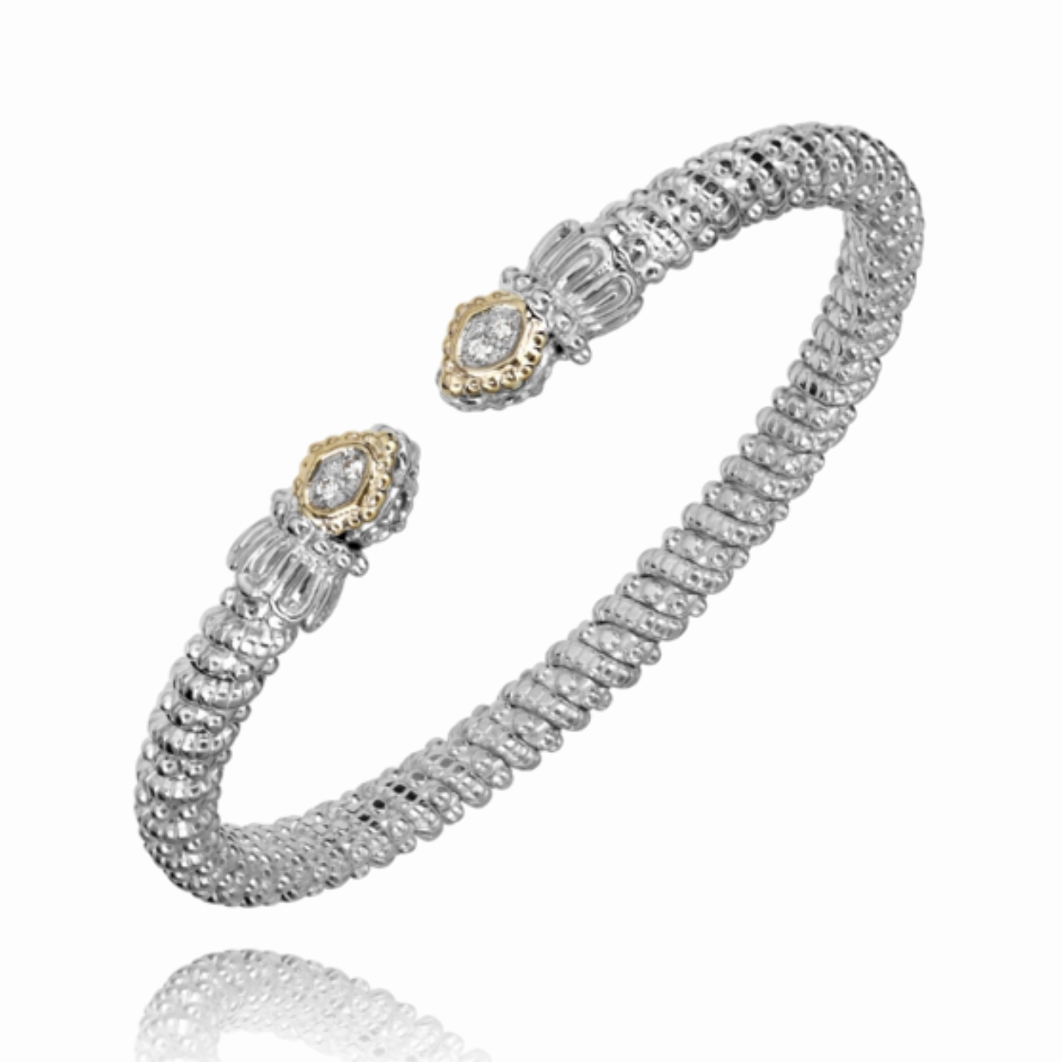 Cool Contrast 14K Yellow Gold and Sterling Silver Diamond Bangle Bracelet