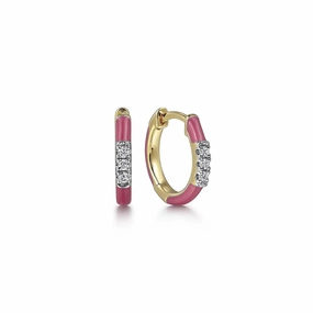 14K Yellow Gold Diamond Classic Huggie with Pink Enamel Soft Texture Festive Wear